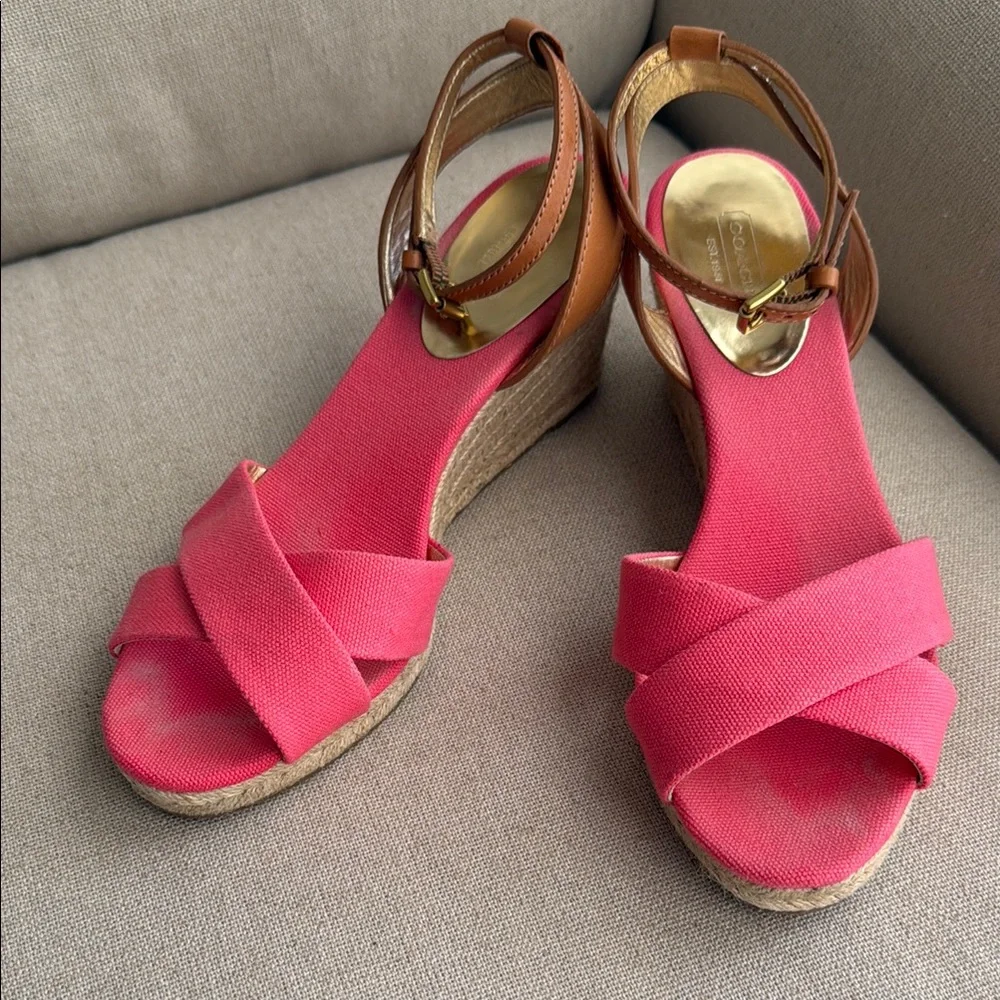 Coach Pink and Brown Wedge‎ Sandals with Ankle Strap